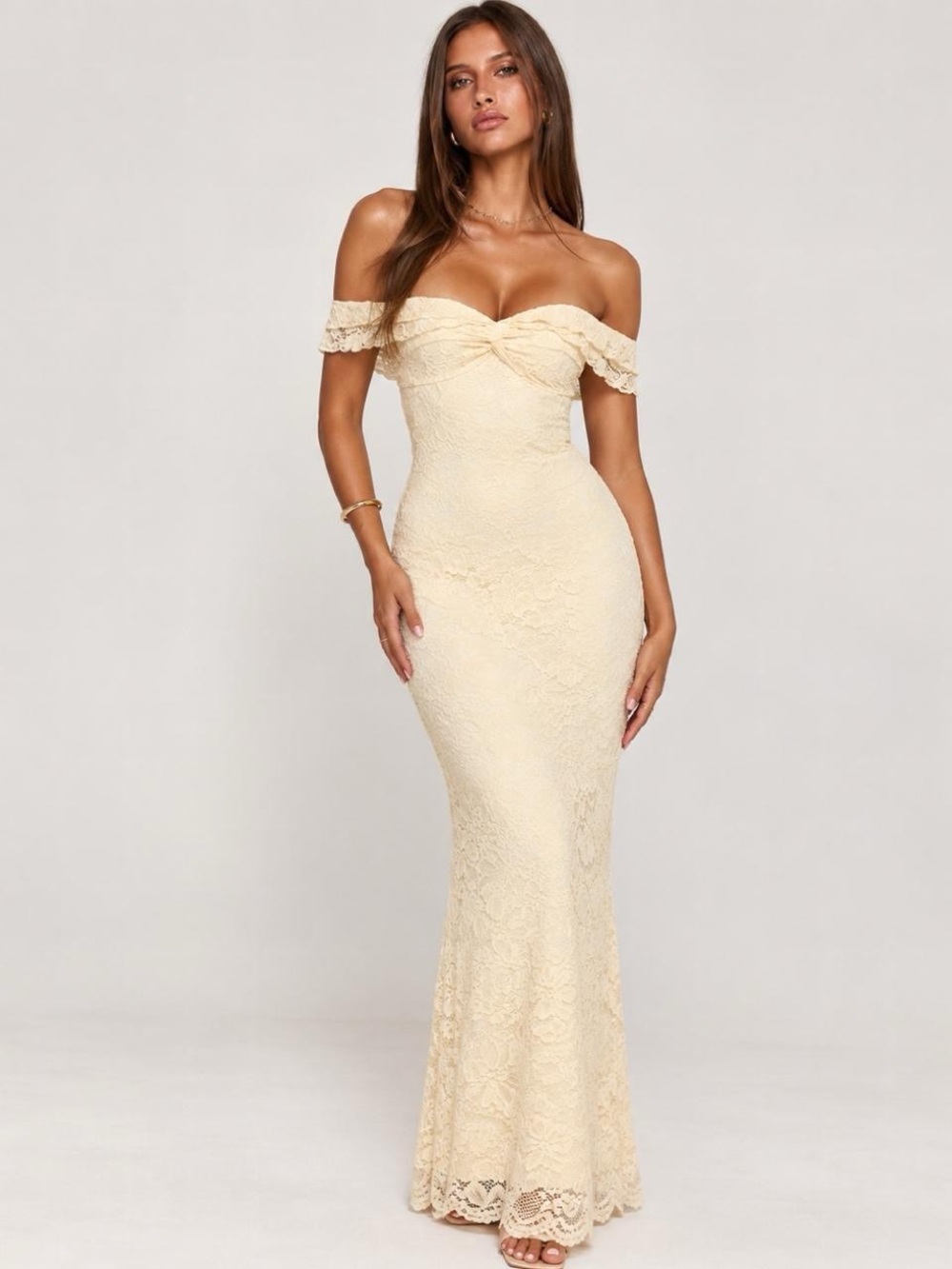 Princess Polly Off-Shoulder Lace Maxi Dress in Cream